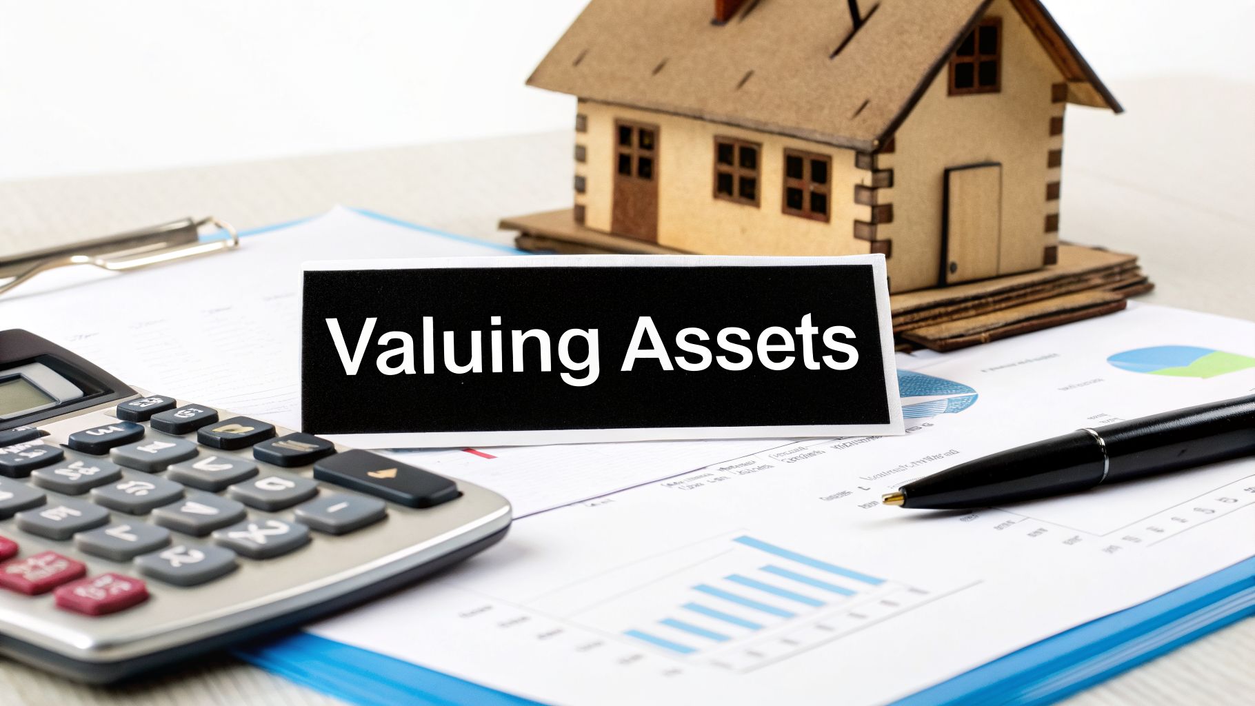 A calculator, a model house, financial charts, and a sign reading 'Valuing Assets' on a desk.