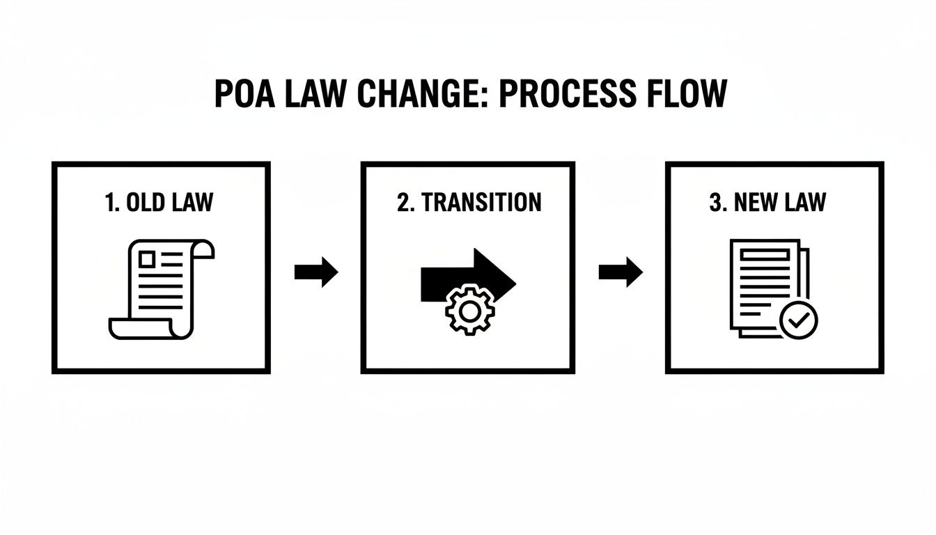 A diagram showing the POA law change process flow: Old Law, followed by Transition, then New Law.