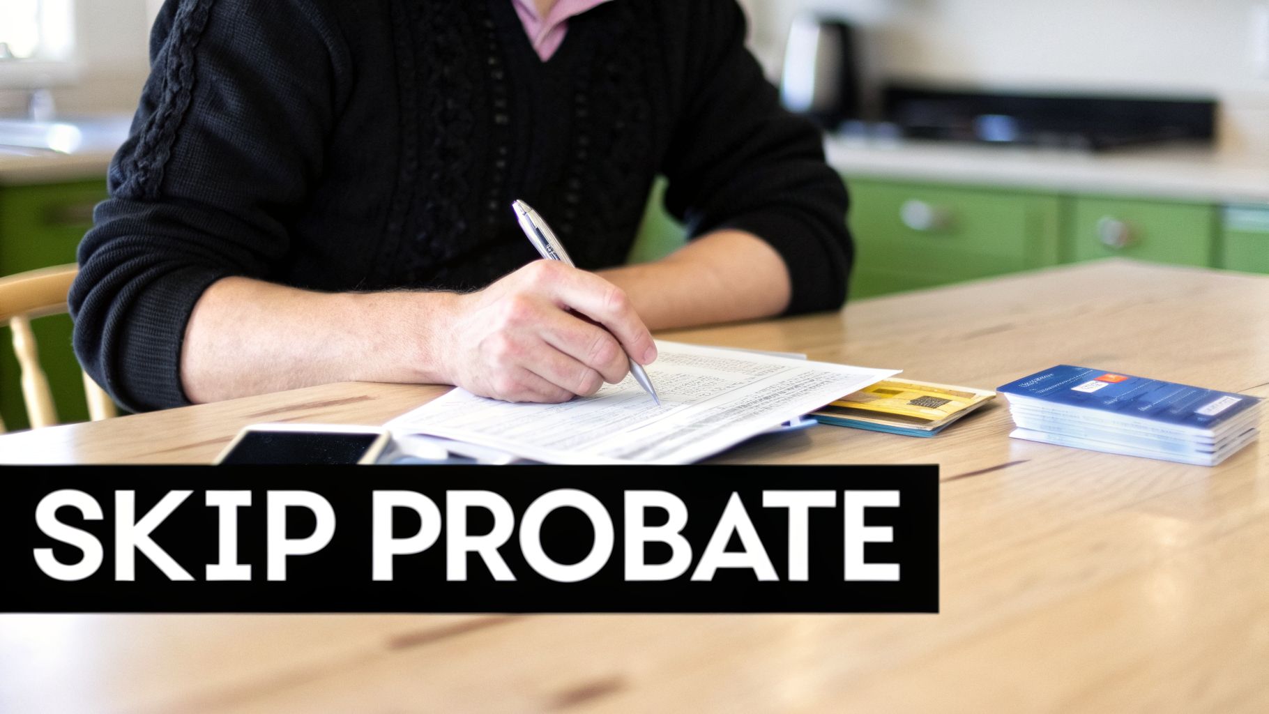 A person writes on documents at a wooden table, with 'SKIP PROBATE' text displayed prominently.