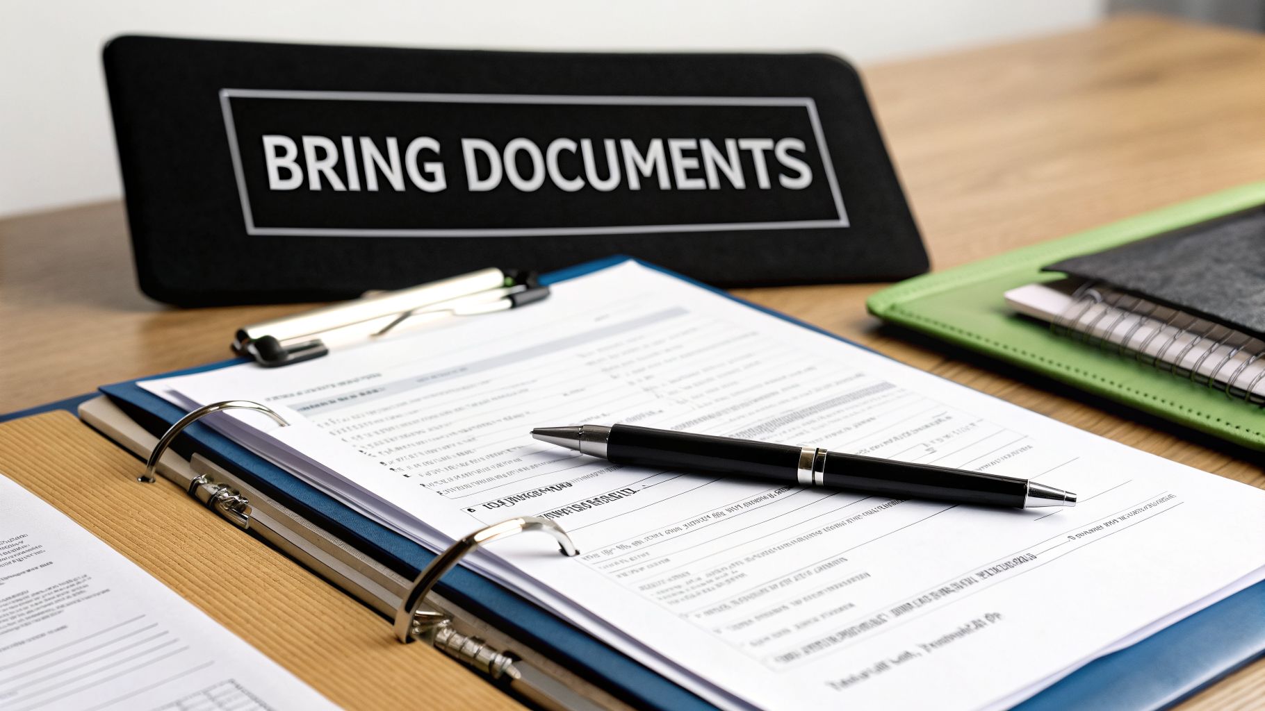 A desk with a black pouch reading "BRING DOCUMENTS," an open binder with paperwork, and a pen.
