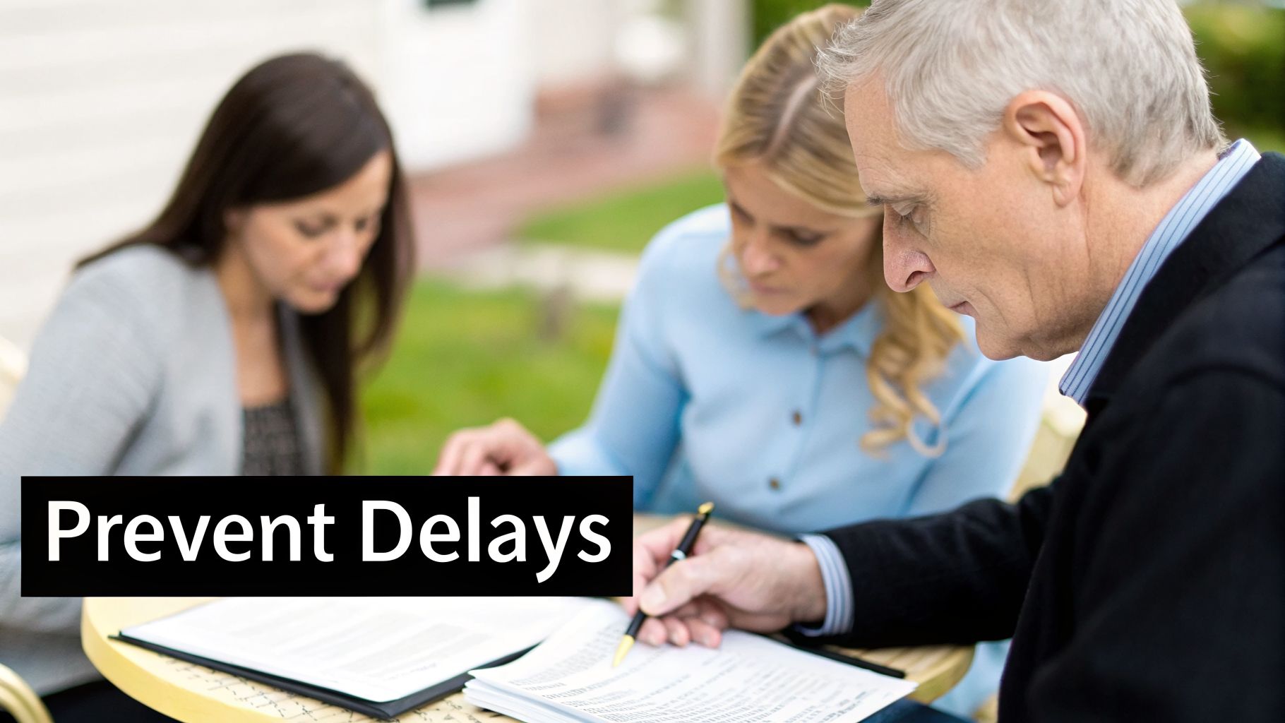 Three people, including an older man signing documents outdoors, discussing legal matters to prevent delays.
