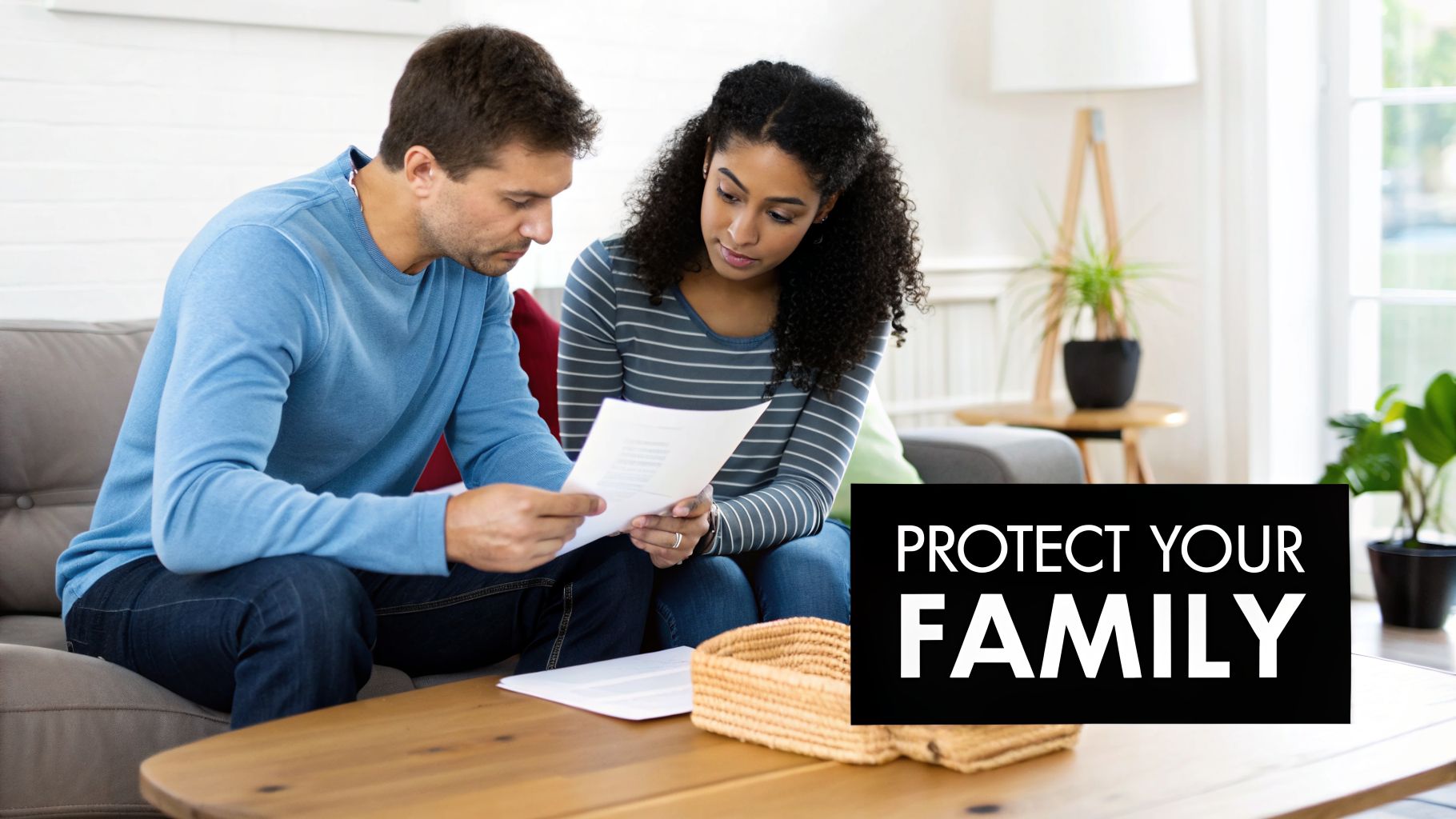 A couple reviewing documents on a sofa, with text 'PROTECT YOUR FAMILY', suggesting financial planning.