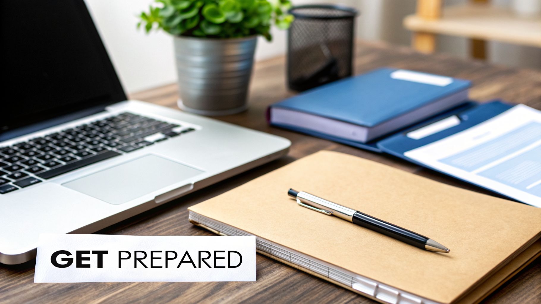 A professional desk setup with a laptop, notebooks, a pen, and a 'GET PREPARED' sign.