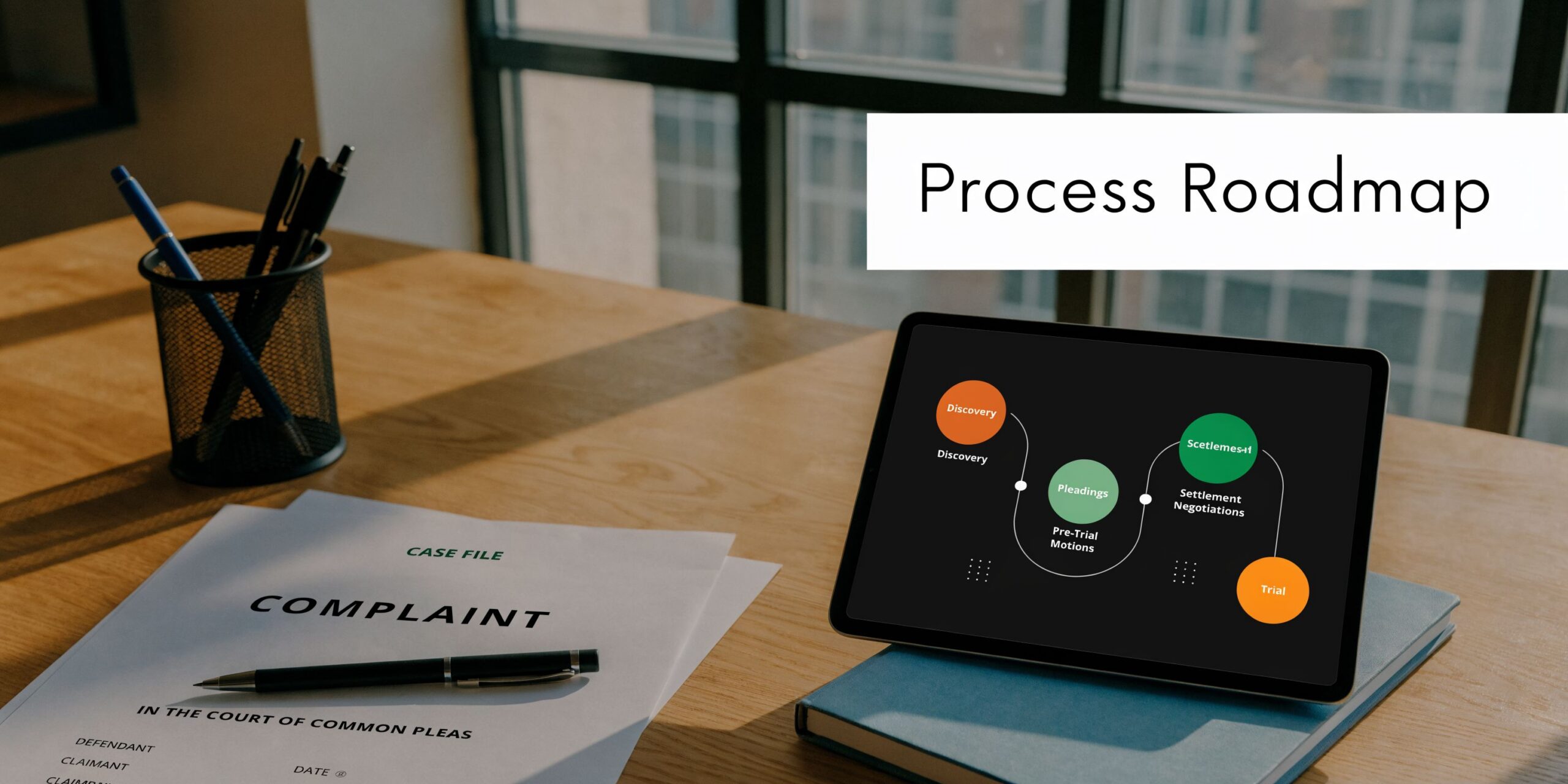 A legal case file labeled complaint sits on a desk next to a tablet showing a roadmap.