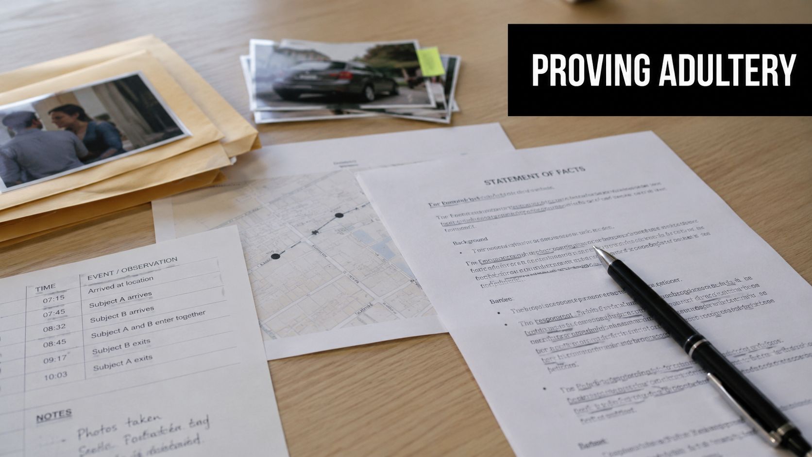 A wooden table displaying documents, a map, surveillance photographs, and a pen related to private investigation services.
