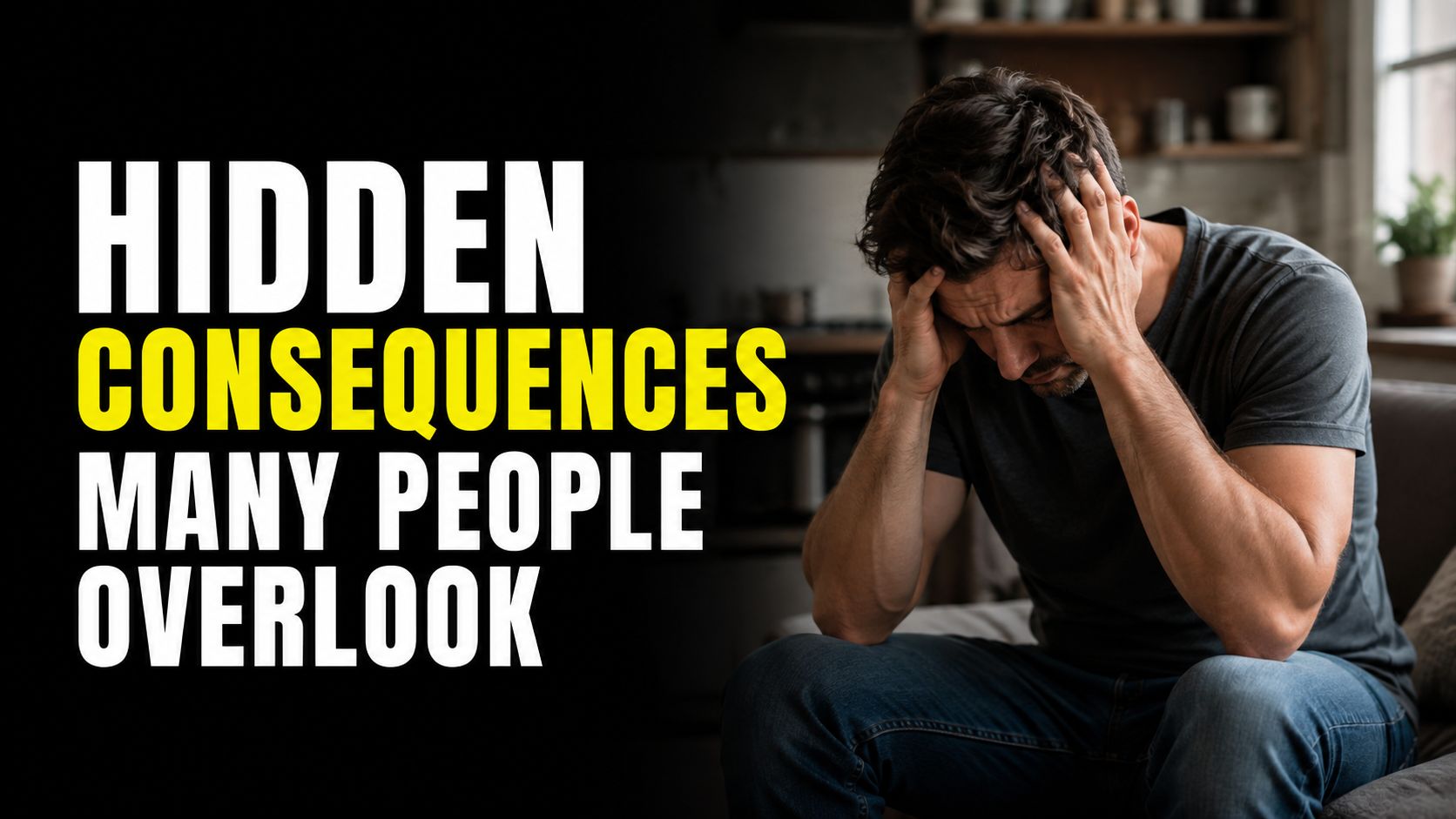 A man sitting on a couch in distress, holding his head, with text about hidden consequences overlayed.