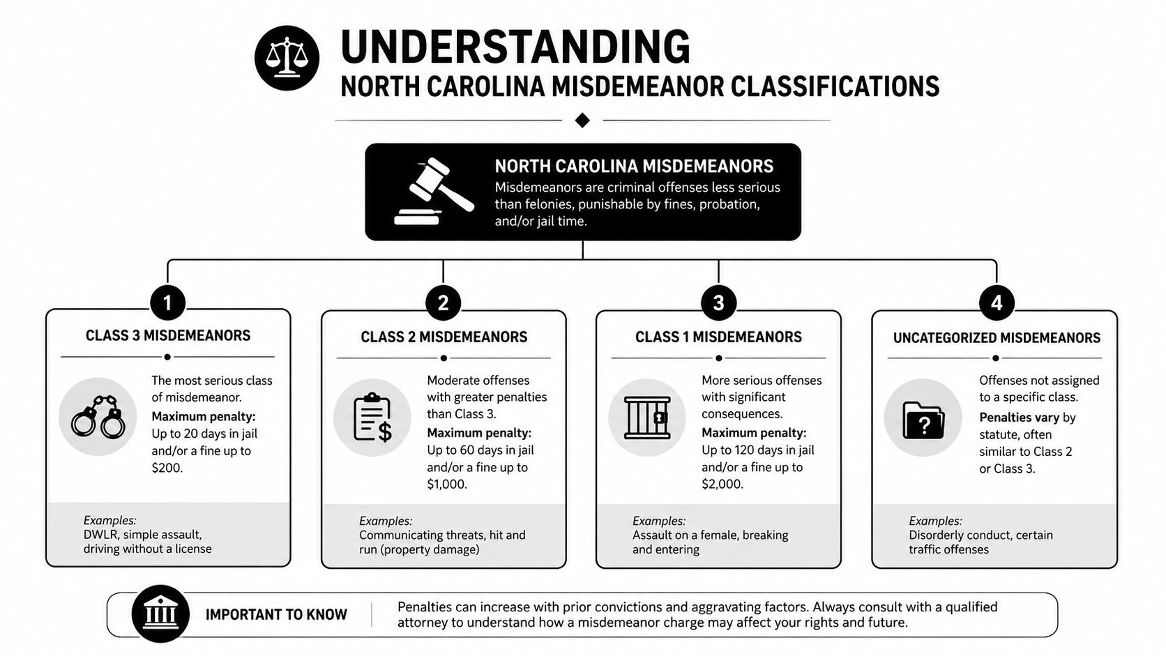 An infographic detailing North Carolina misdemeanor classifications, including jail time and fines for different offense levels.