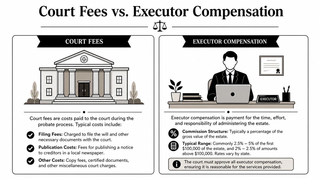 An infographic comparing court fees and executor compensation during the probate process of an estate.