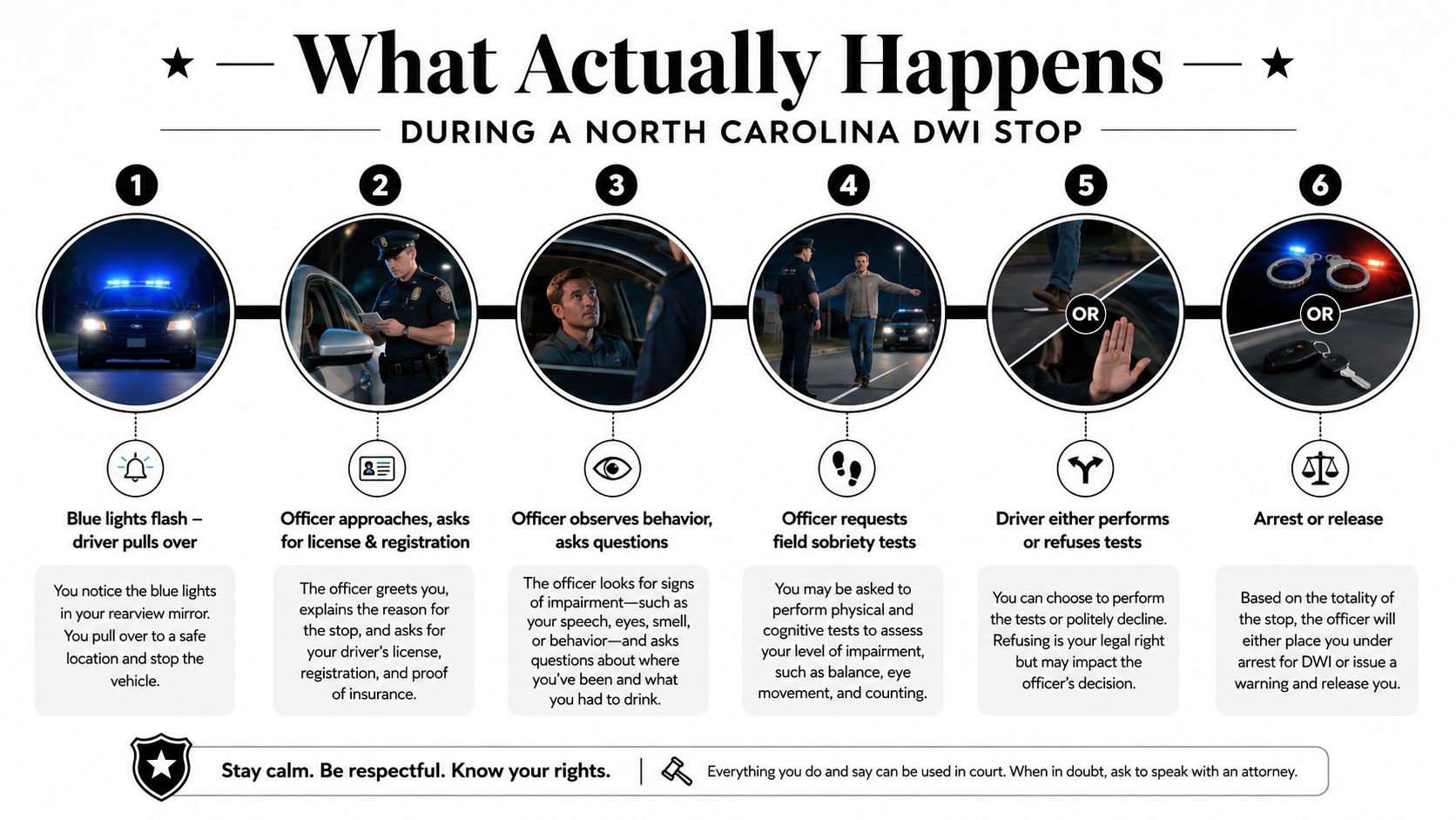 A step-by-step infographic illustrating the procedure during a North Carolina DWI traffic stop and investigation.