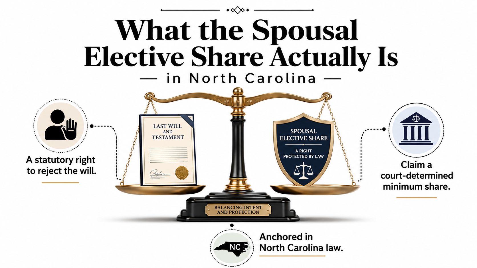 A visual guide illustrating the spousal elective share legal right to reject a will in North Carolina.