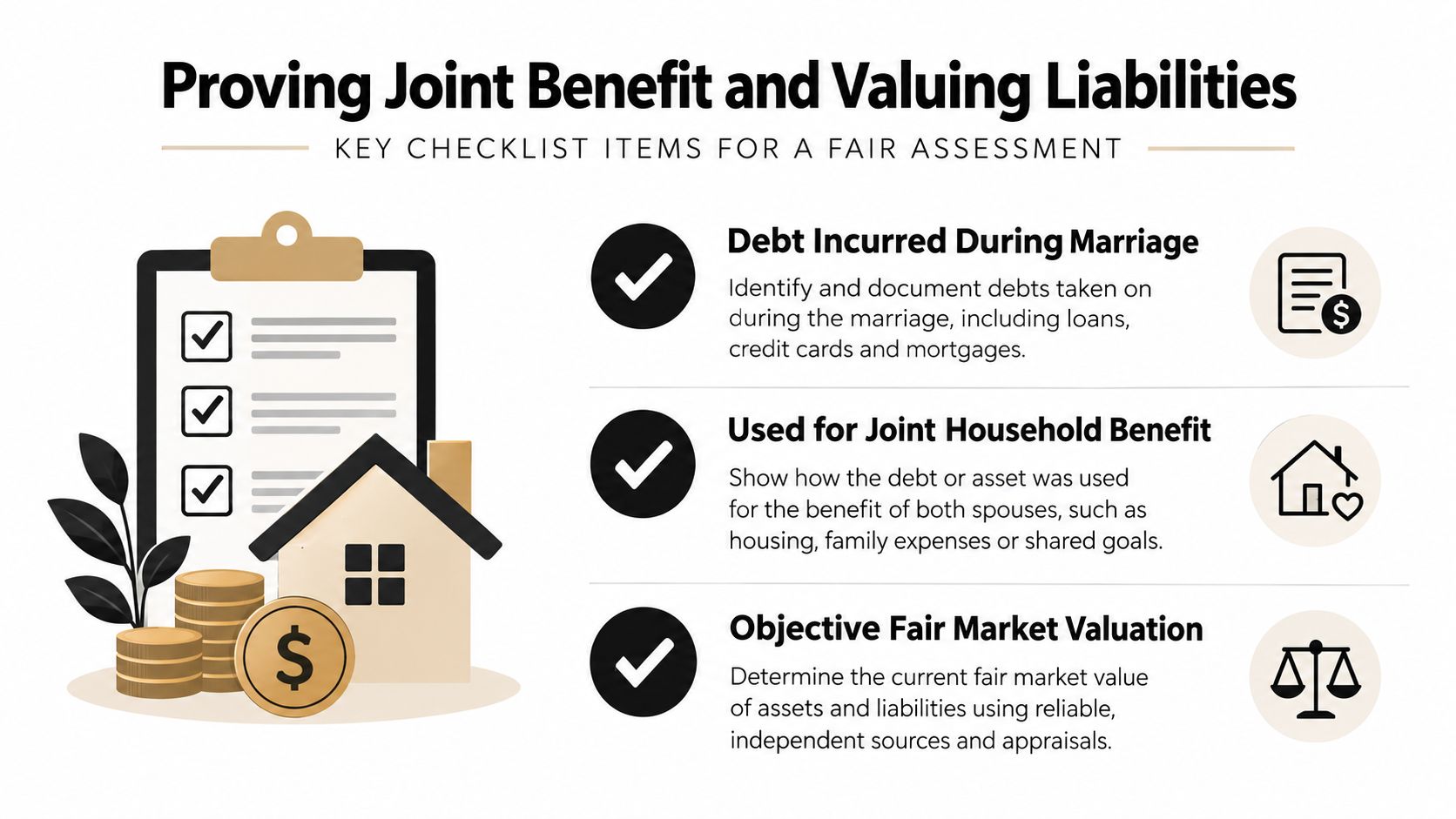 An infographic checklist for proving joint marital debt and valuing assets during fair distribution settlements.