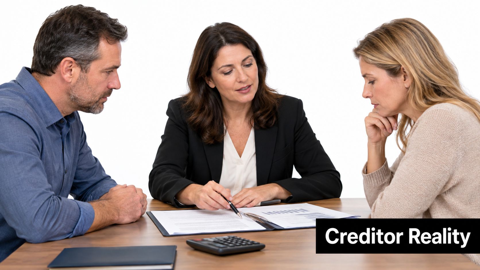 A professional financial advisor discusses debt and legal documents with a concerned married couple at a desk.