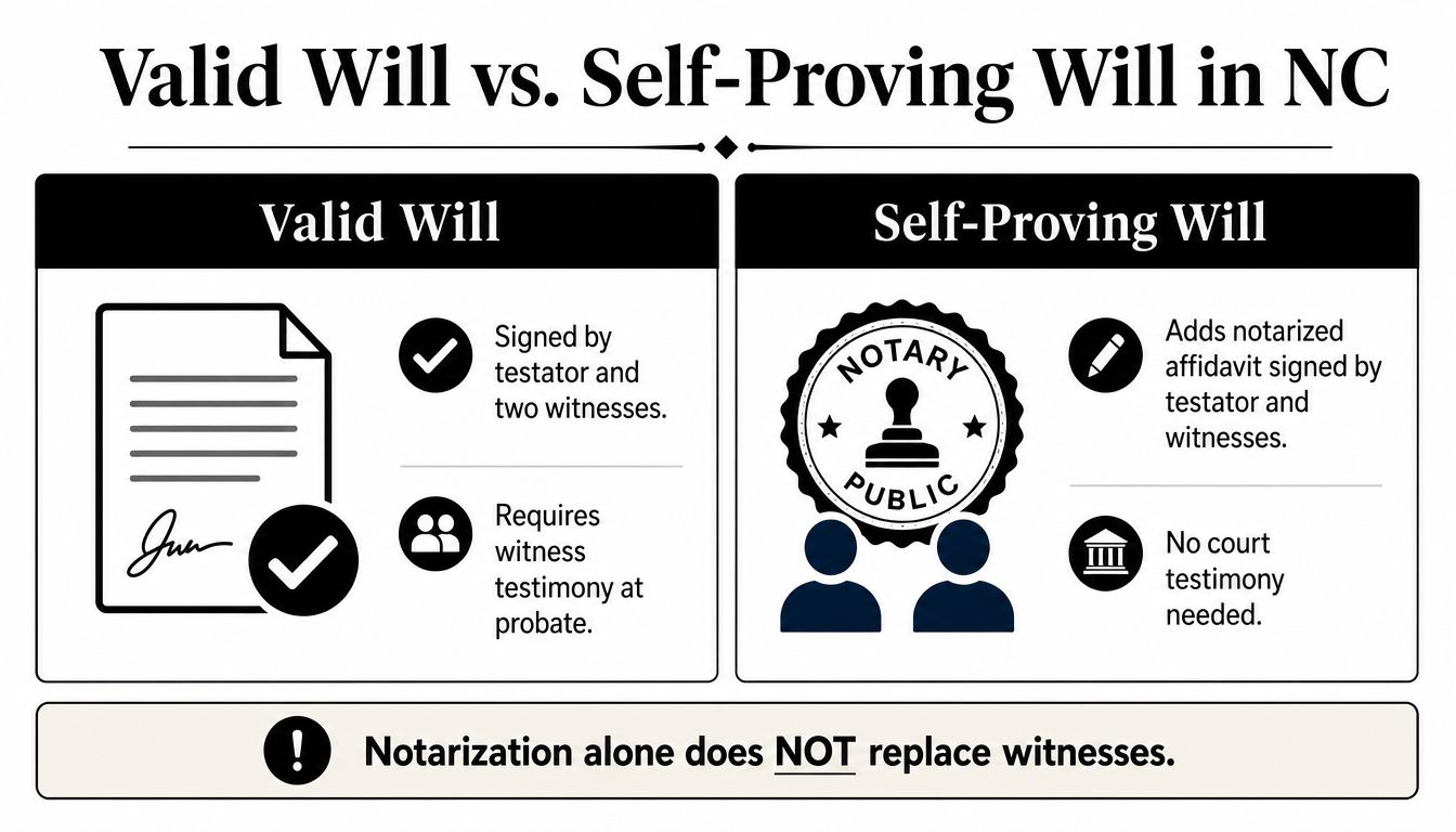 A comparison chart outlining the differences between a valid will and a self-proving will in North Carolina.