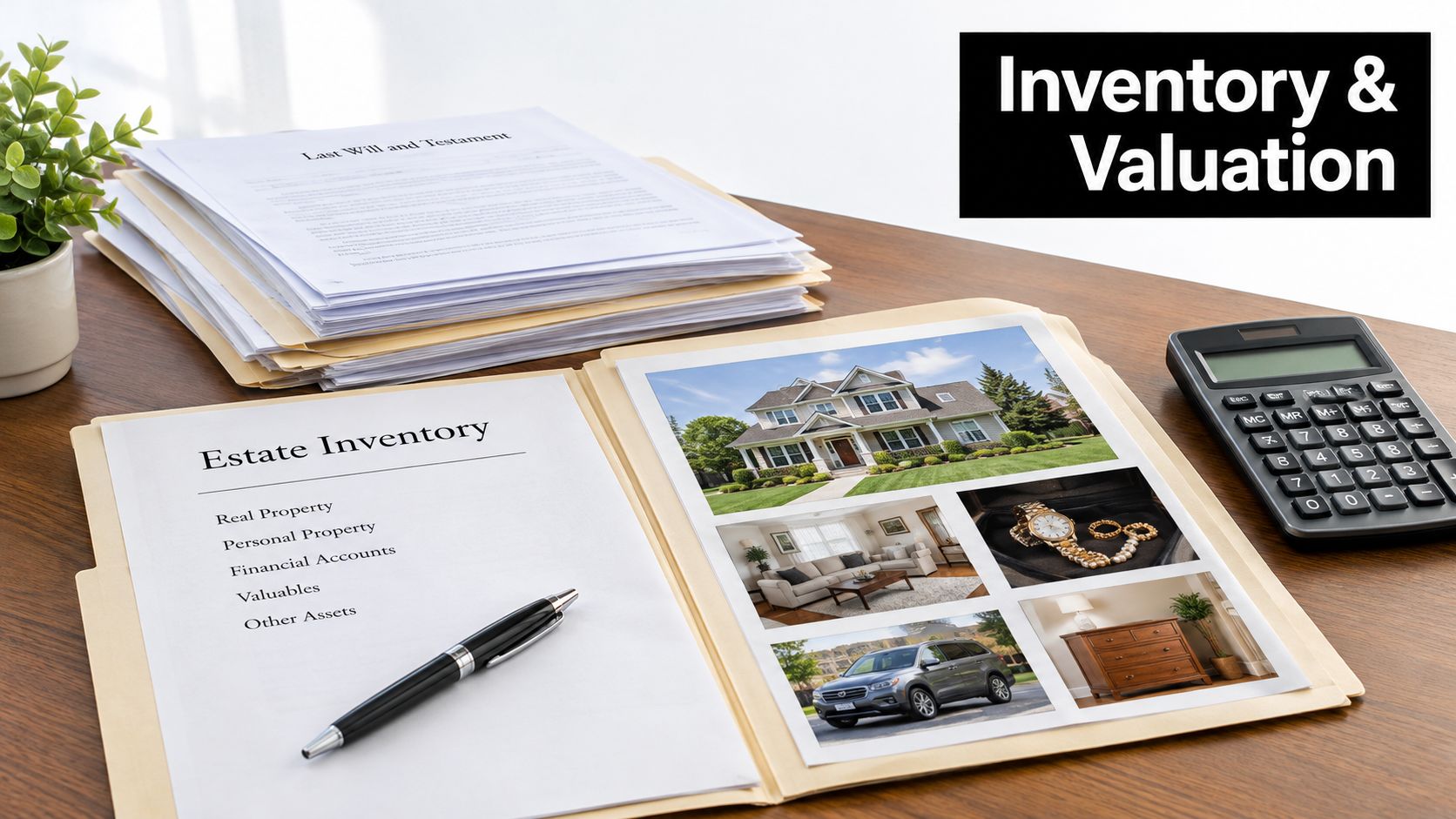 An estate inventory folder open on a desk with a pen, calculator, documents, and photos of assets.