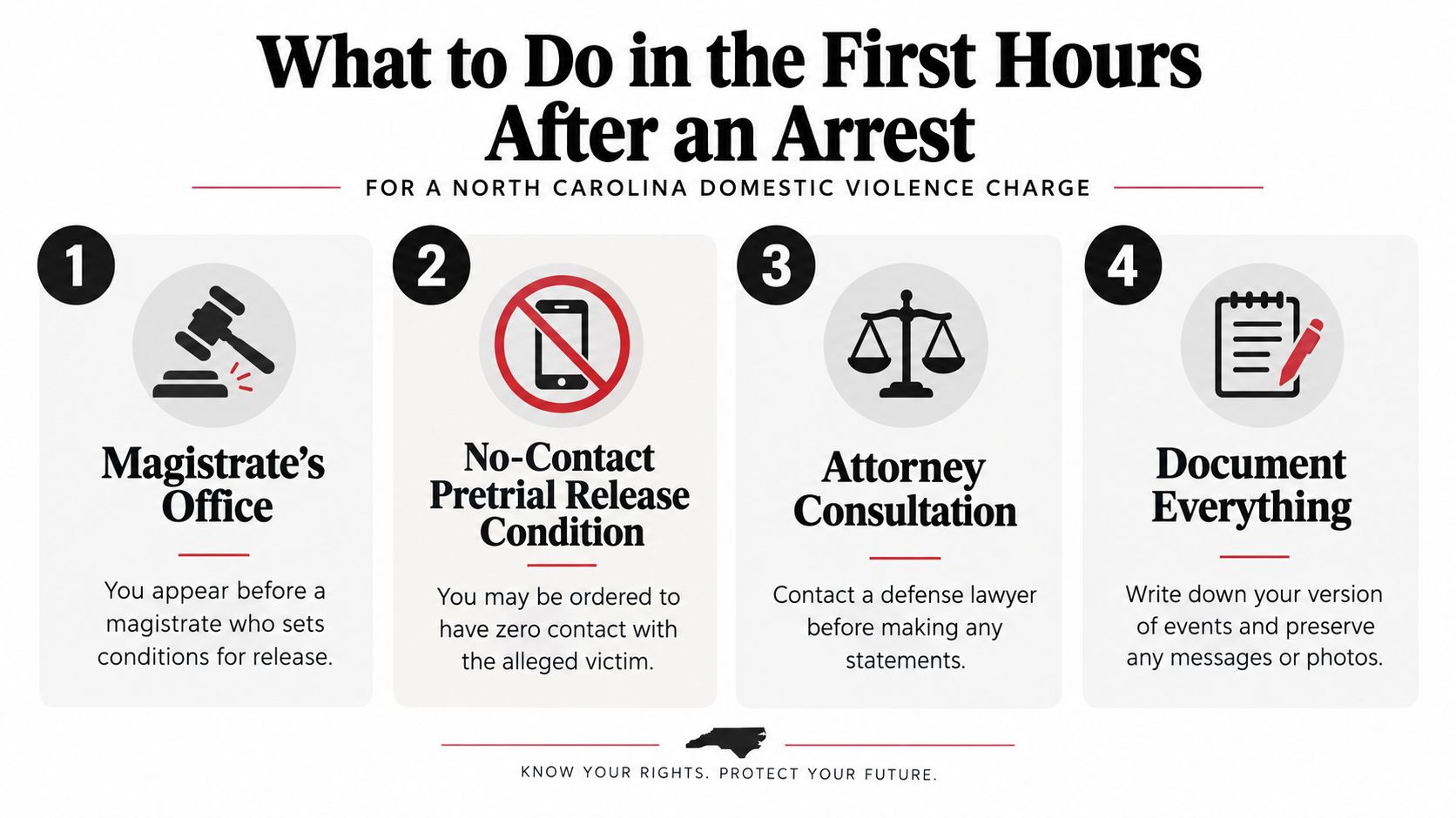 A step-by-step infographic titled What to Do in the First Hours After a Domestic Violence Arrest.