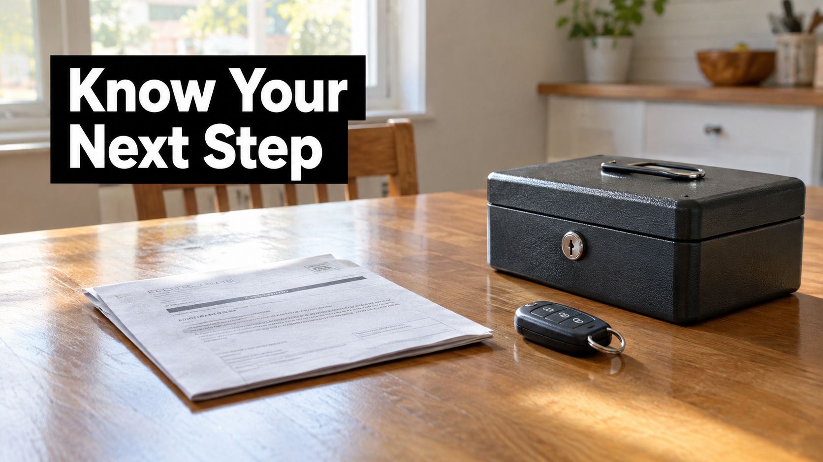 A document and a car key placed on a wooden table beside a locked metal box.