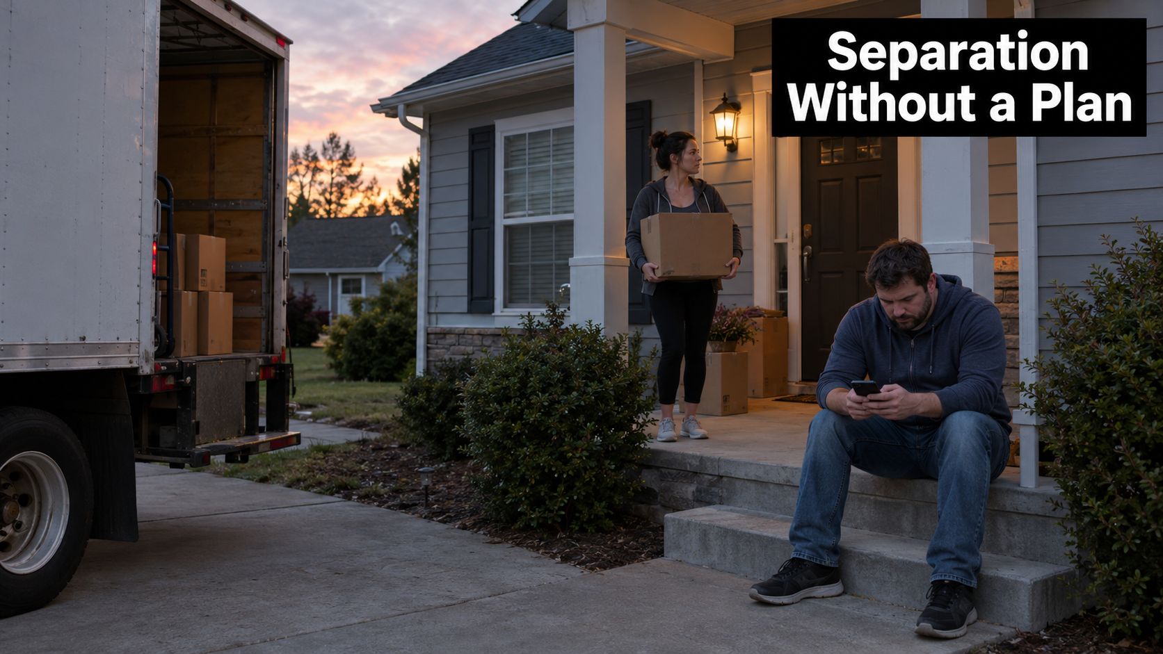A couple appearing sad while moving belongings out of their home during a difficult separation process.