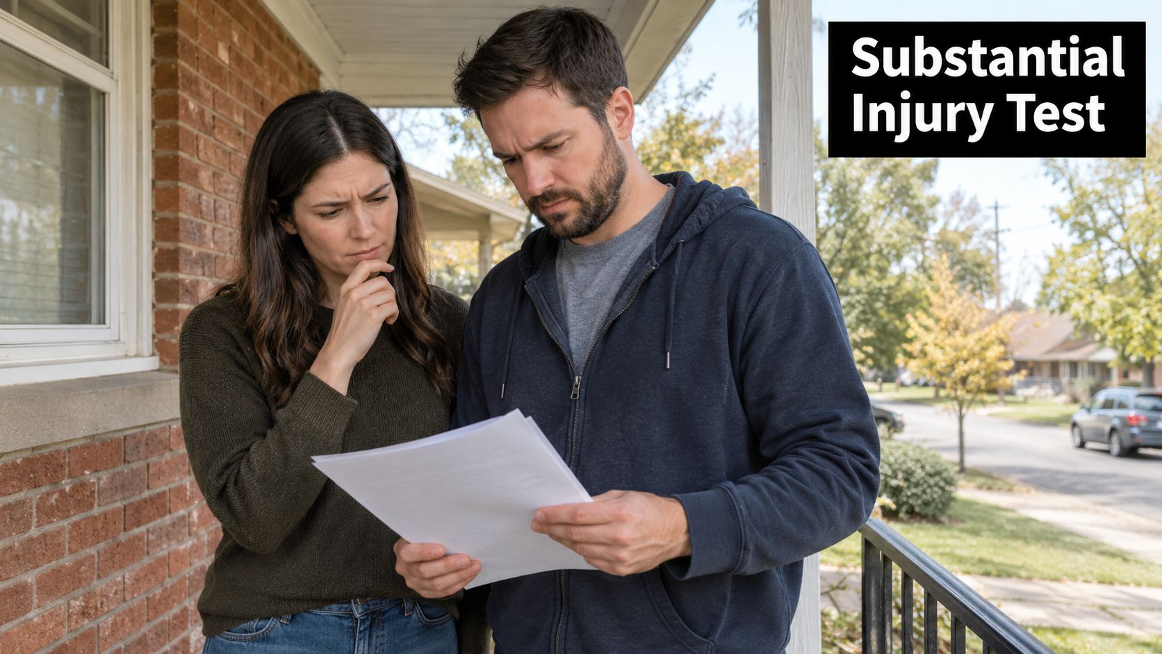 A concerned couple stands on a front porch while examining important legal documents together.