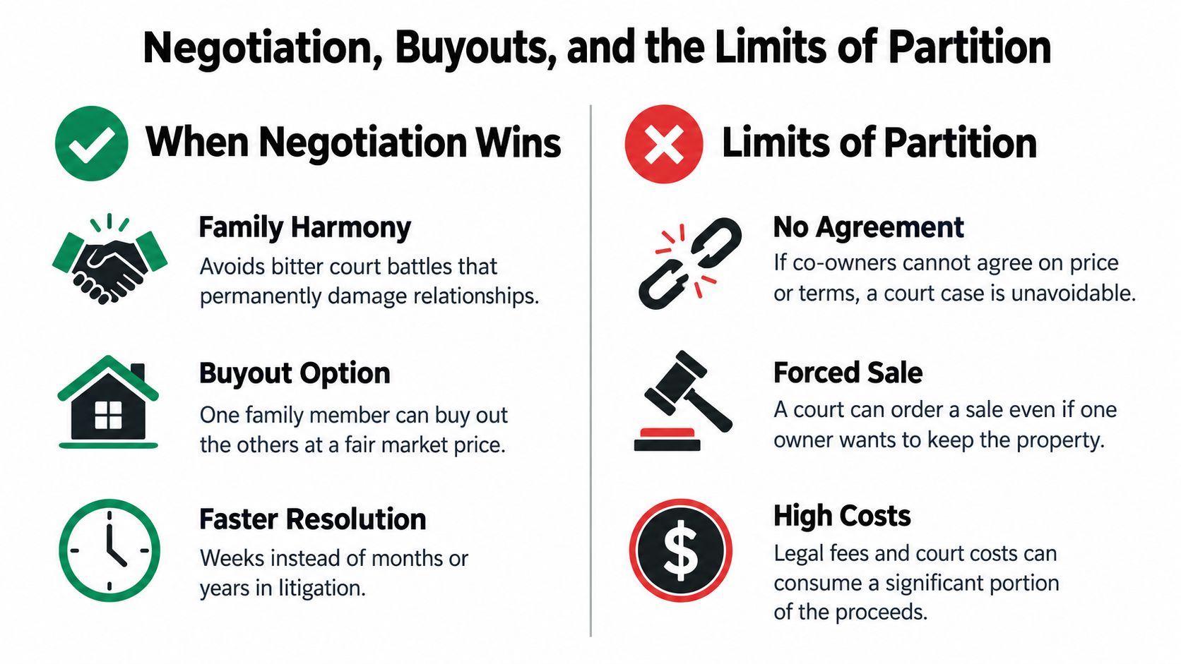 A comparison chart showing the benefits of negotiation and buyouts versus the risks of partition lawsuits.