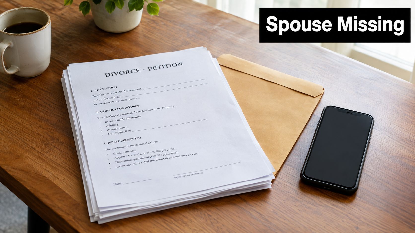 A stack of divorce petition forms on a wooden desk next to an envelope and a smartphone.