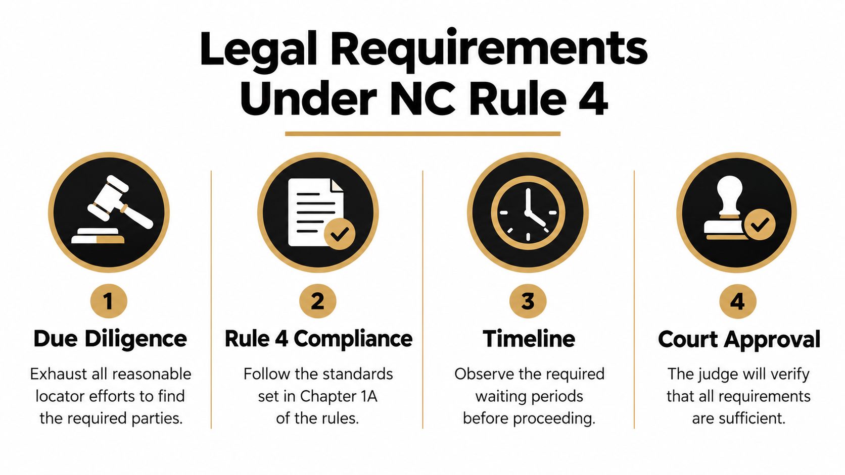 A diagram outlining the four legal requirements for serving notice under North Carolina Rule 4.