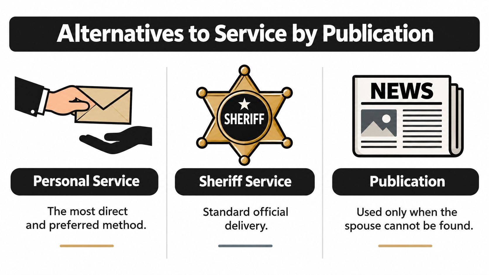 A diagram comparing three methods of legal service including personal service, sheriff service, and service by publication.