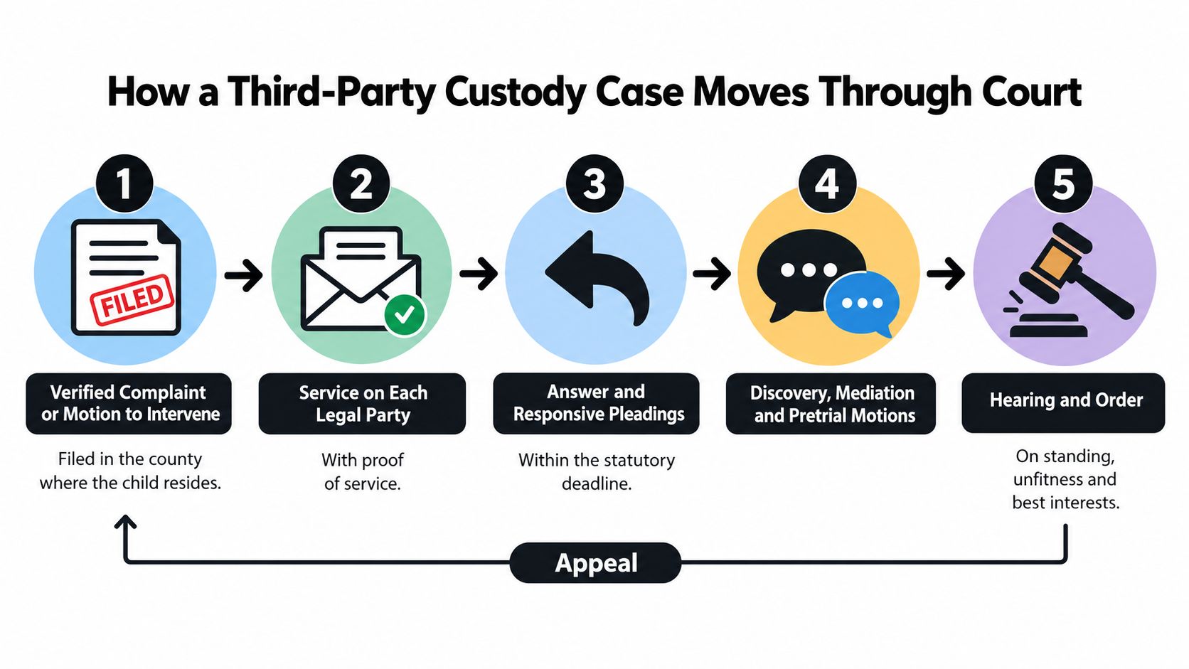 A flowchart showing the five steps of a third-party custody case in court, from filing to hearing.